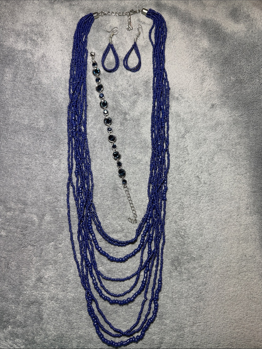 Multi-Strand Blue Beaded Necklace, Bracelet & Earring Set